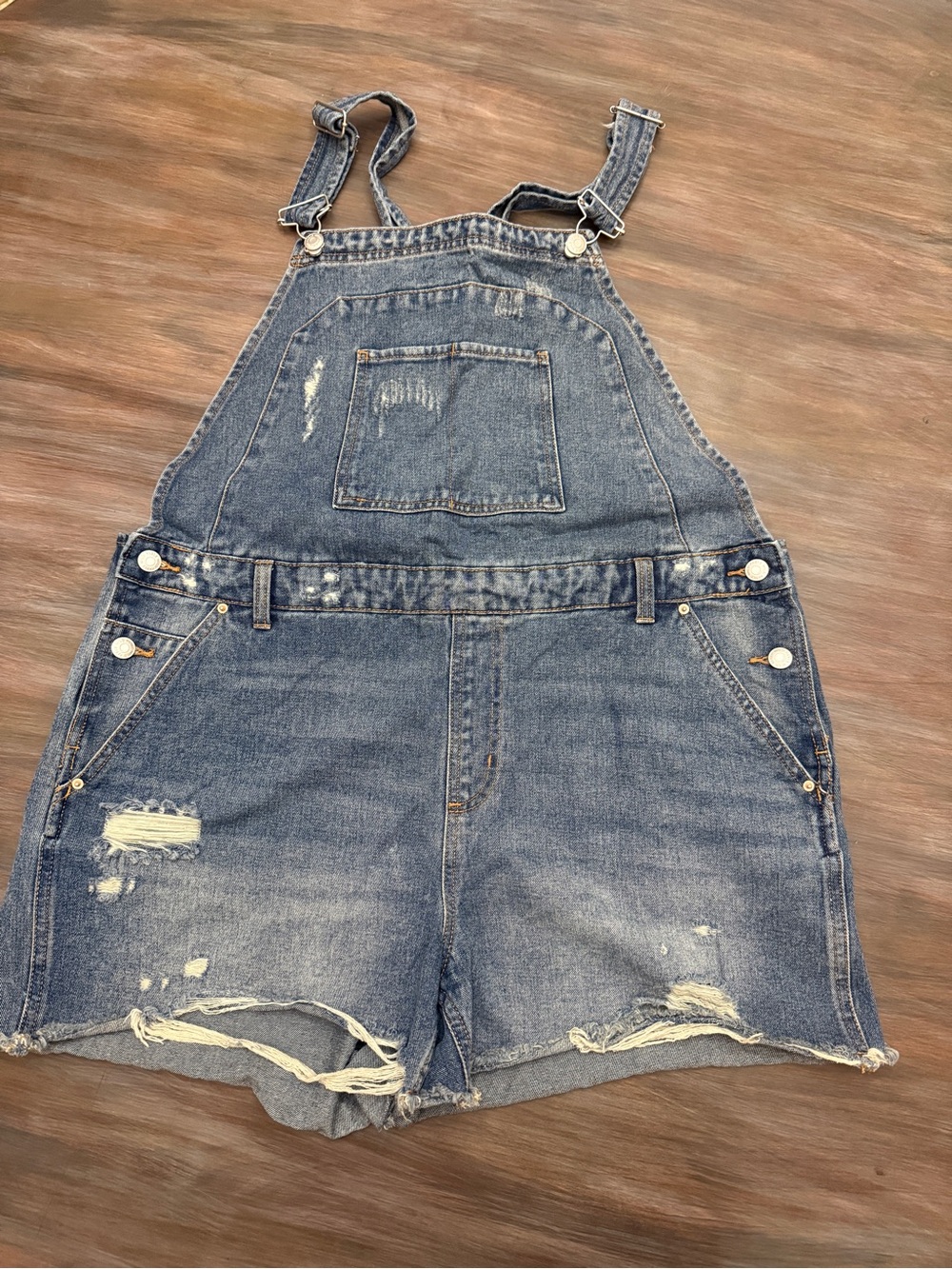 Women’s Denim Overall Shorts - Blue Distressed